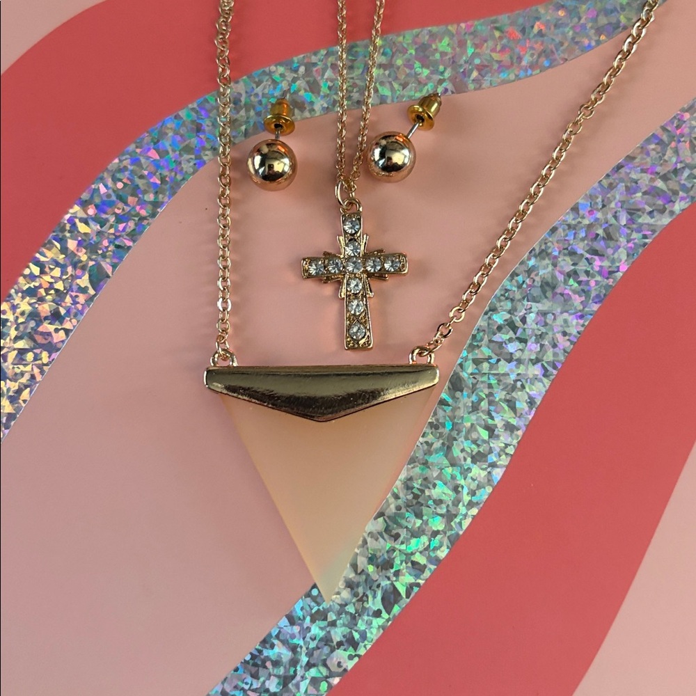 Gold and Cream Layered Necklace with Cross Pendant